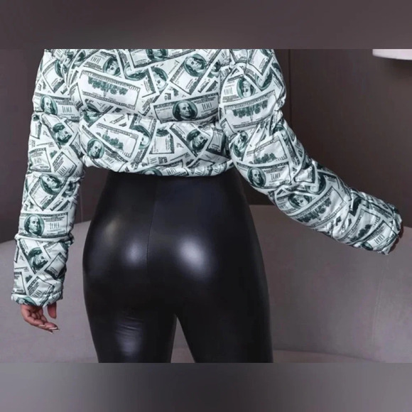 Money Print Cropped Puffer Jacket - Picture 2 of 3